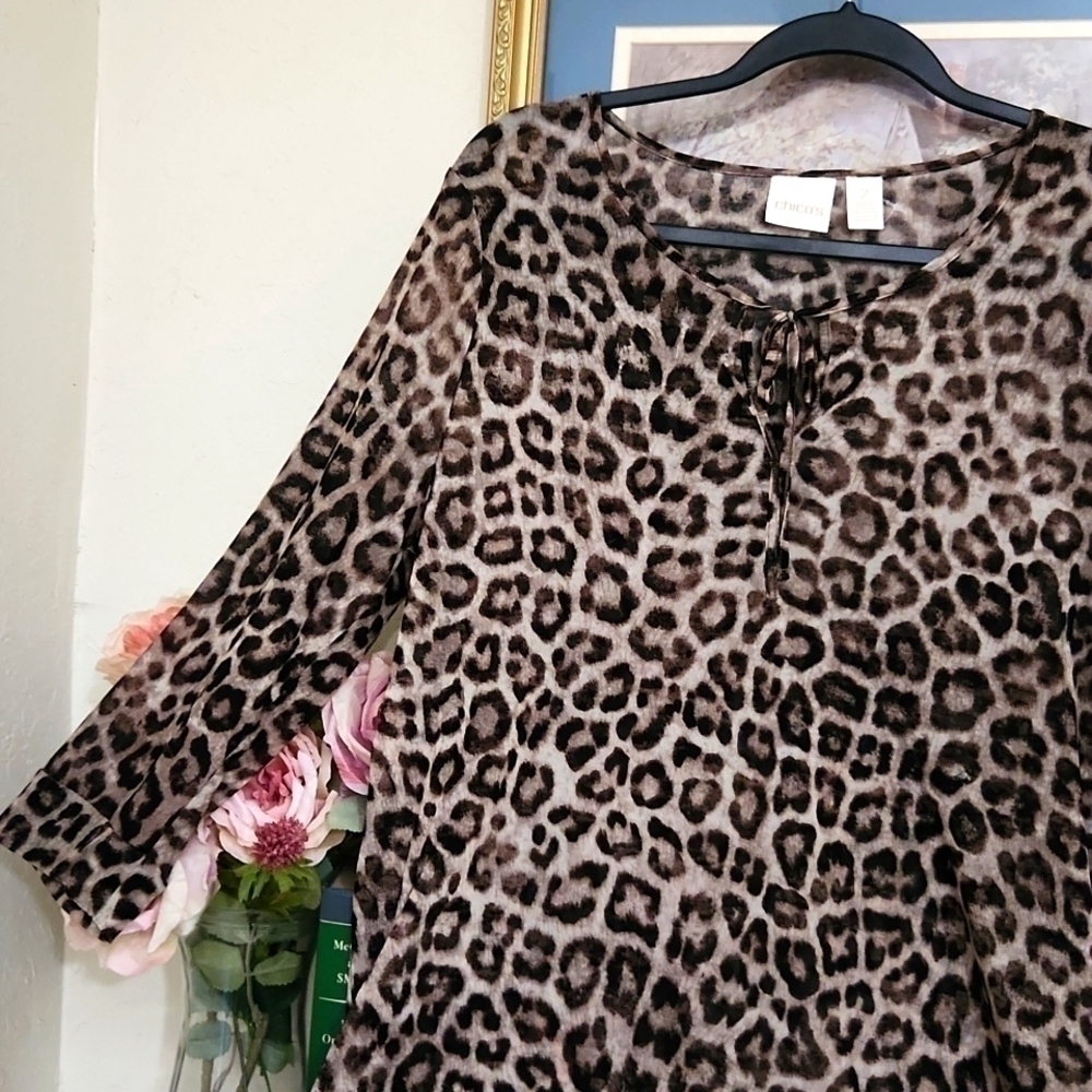 Chicos Leopard print sheer Top Tunic waterfall hem Career Contemporary - Picture 4 of 12